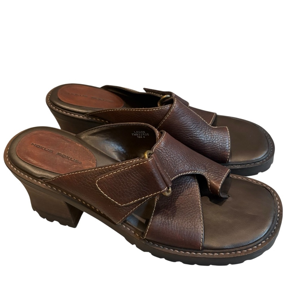 Hokus Pokus Vintage Y2K Leather Chunky Heel Lug sole Slide Sandal Wrap Toe,Sz 10